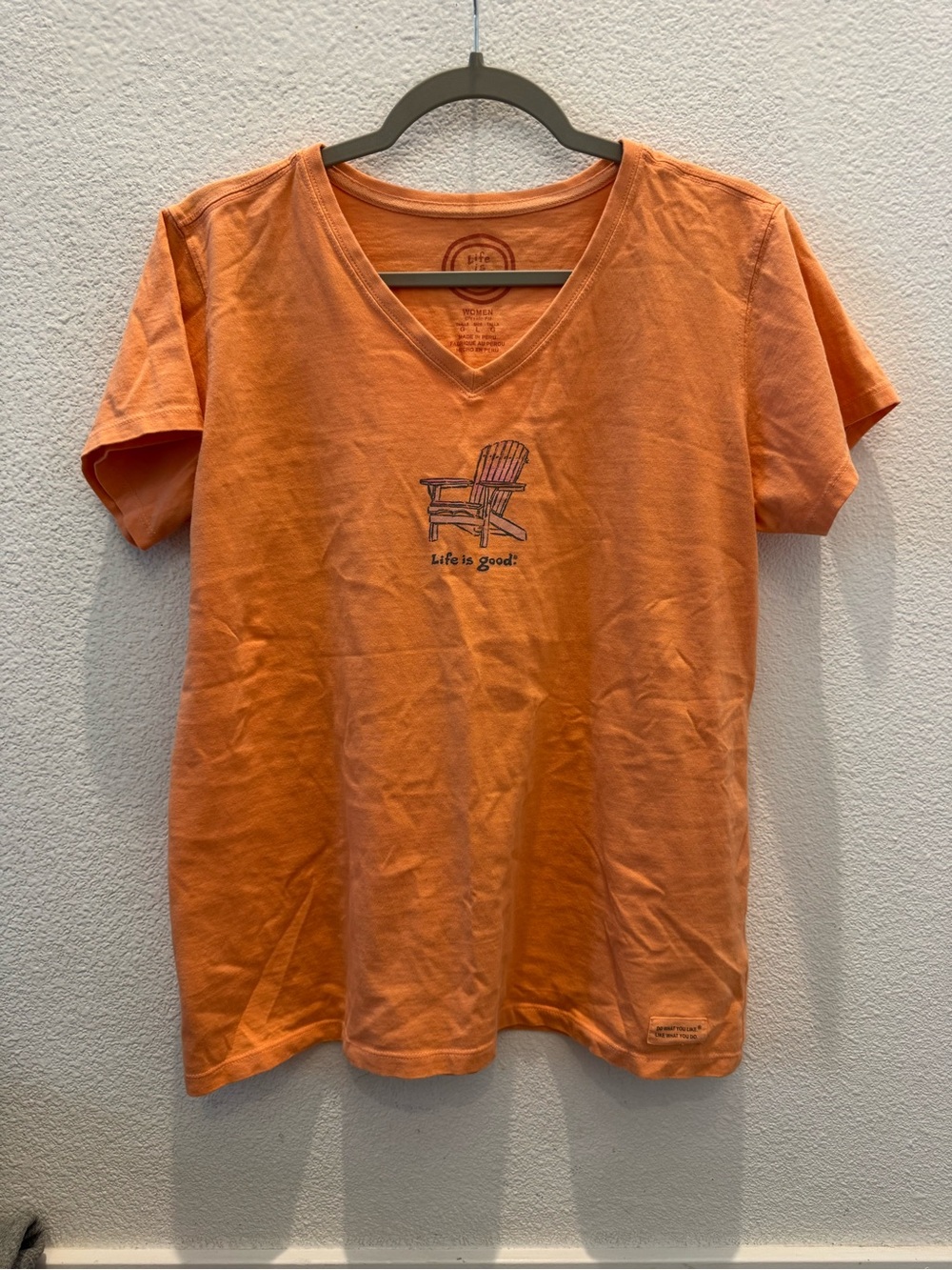 Life is Good V-neck cotton t-shirt w/ Adirondack chair graphic & "Life is Good"